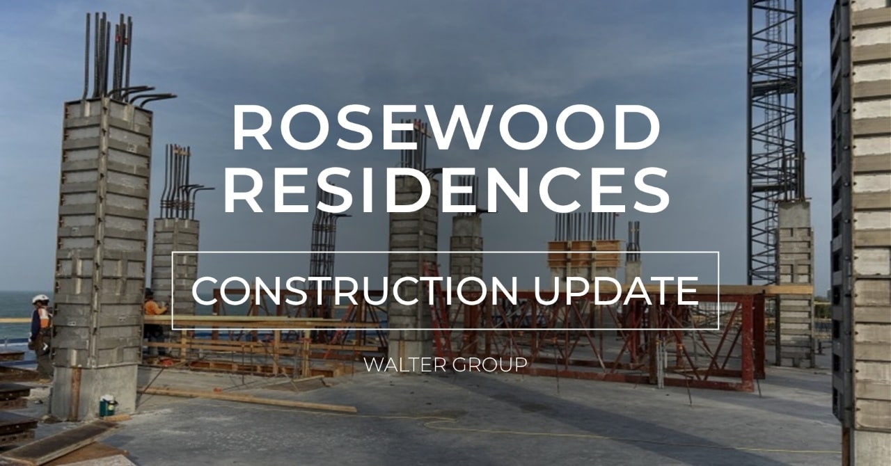 April 2024 construction progress at Rosewood Residences Lido Key showing reinforced concrete columns and framework overlooking the Gulf of Mexico.