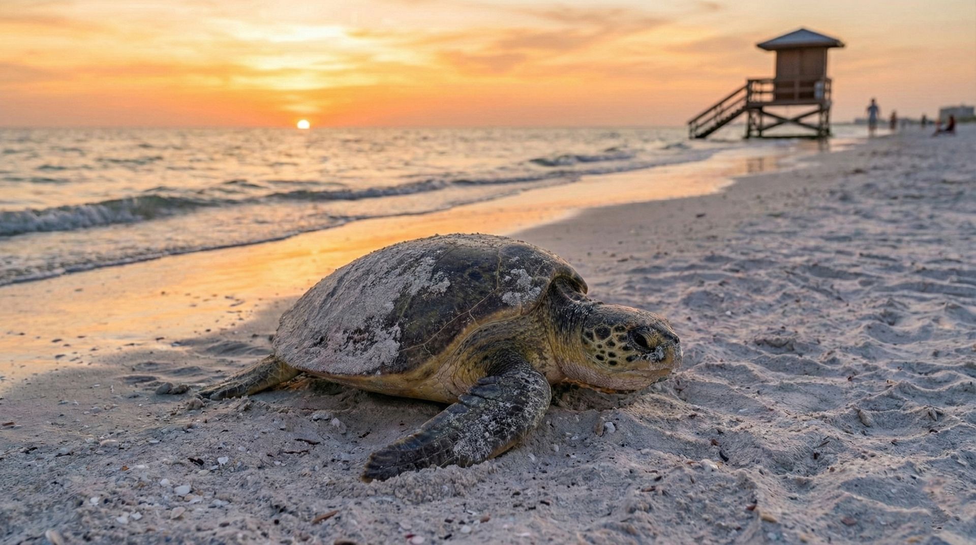 A sea turtle resting near the shoreline as waves roll in during sunset.