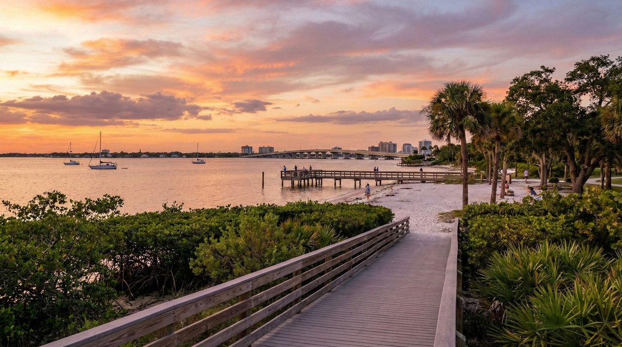 Bayfront park at Ken Thompson Park featuring walking paths, tropical landscaping, and scenic sunset views across Sarasota Bay toward downtown.