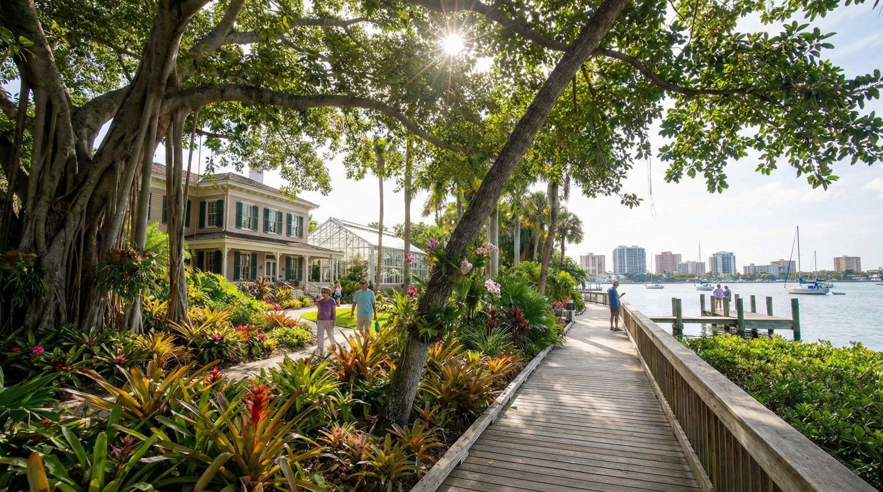 Lush tropical garden walkway at Marie Selby Botanical Gardens overlooking Sarasota Bay, featuring banyan trees, landscaped paths, and waterfront views.