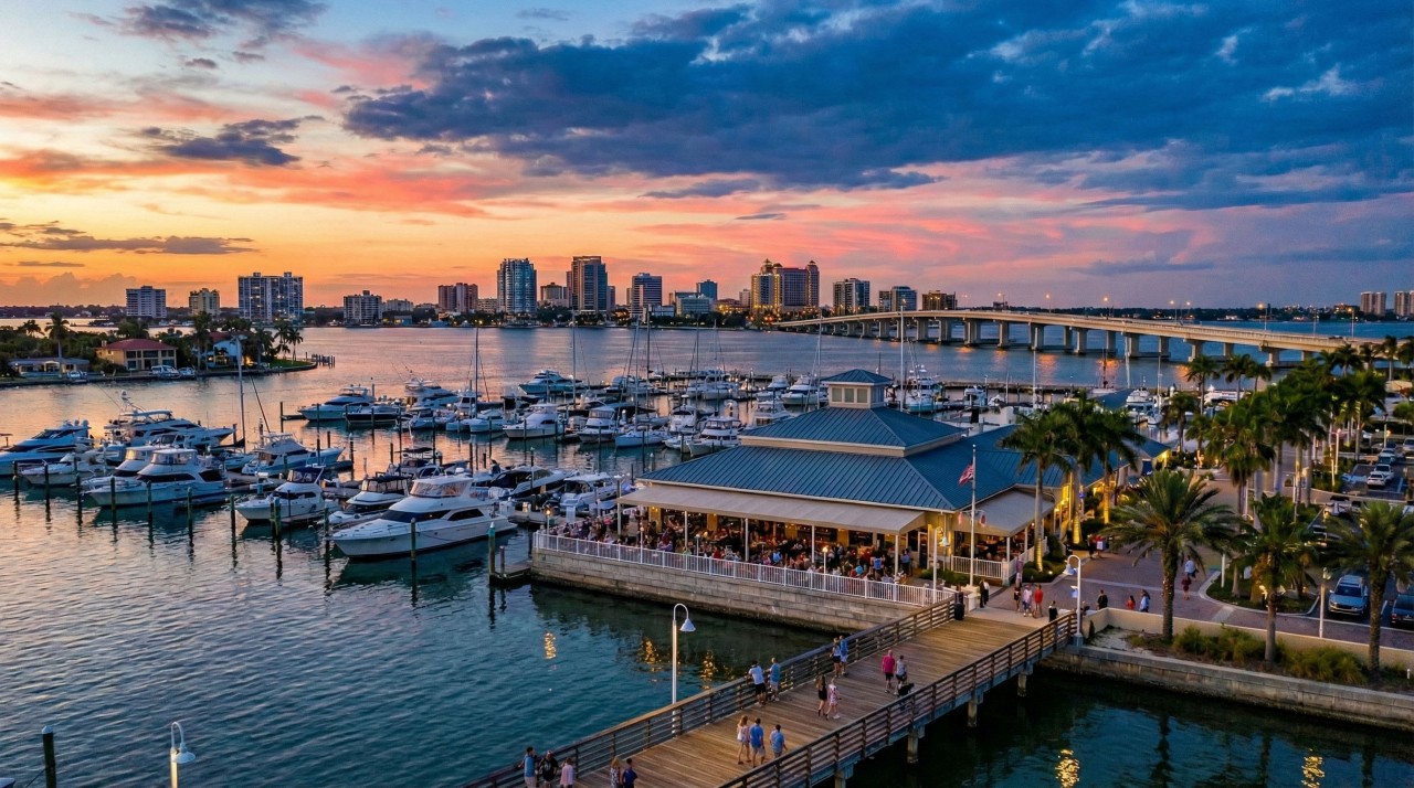 Full-service marina at Marina Jack with docked boats, waterfront dining, palm trees, and views of Sarasota Bay near downtown.