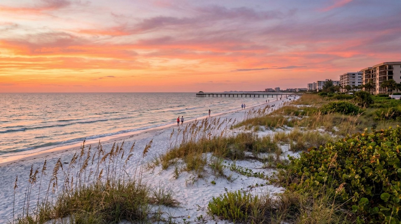 Wide sandy shoreline at North Lido Beach with open Gulf views, gentle waves, and a peaceful coastal atmosphere ideal for long walks and sunsets.