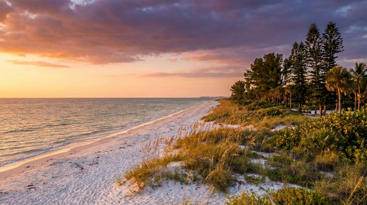 Quiet natural beach at South Lido Key Beach Park with white sand, calm Gulf waters, and an undeveloped shoreline perfect for shelling and relaxed walks.