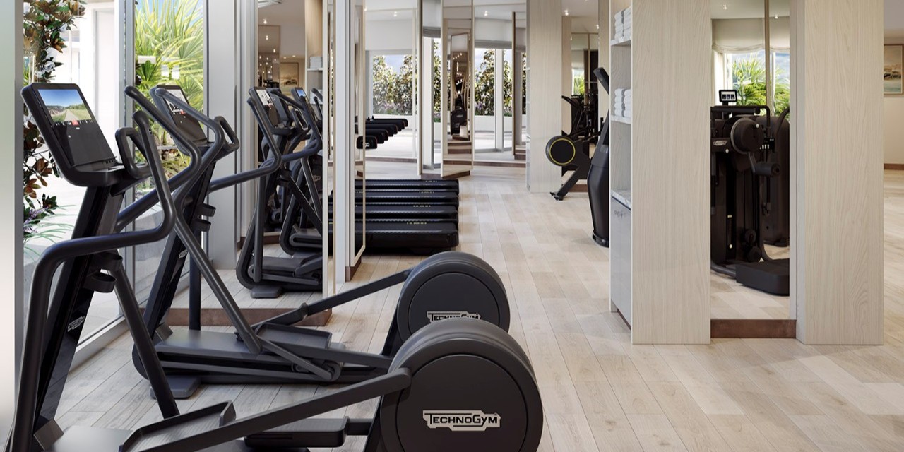 Wellness and fitness studio equipped with modern machines, light wood finishes, and natural light in a sophisticated environment.