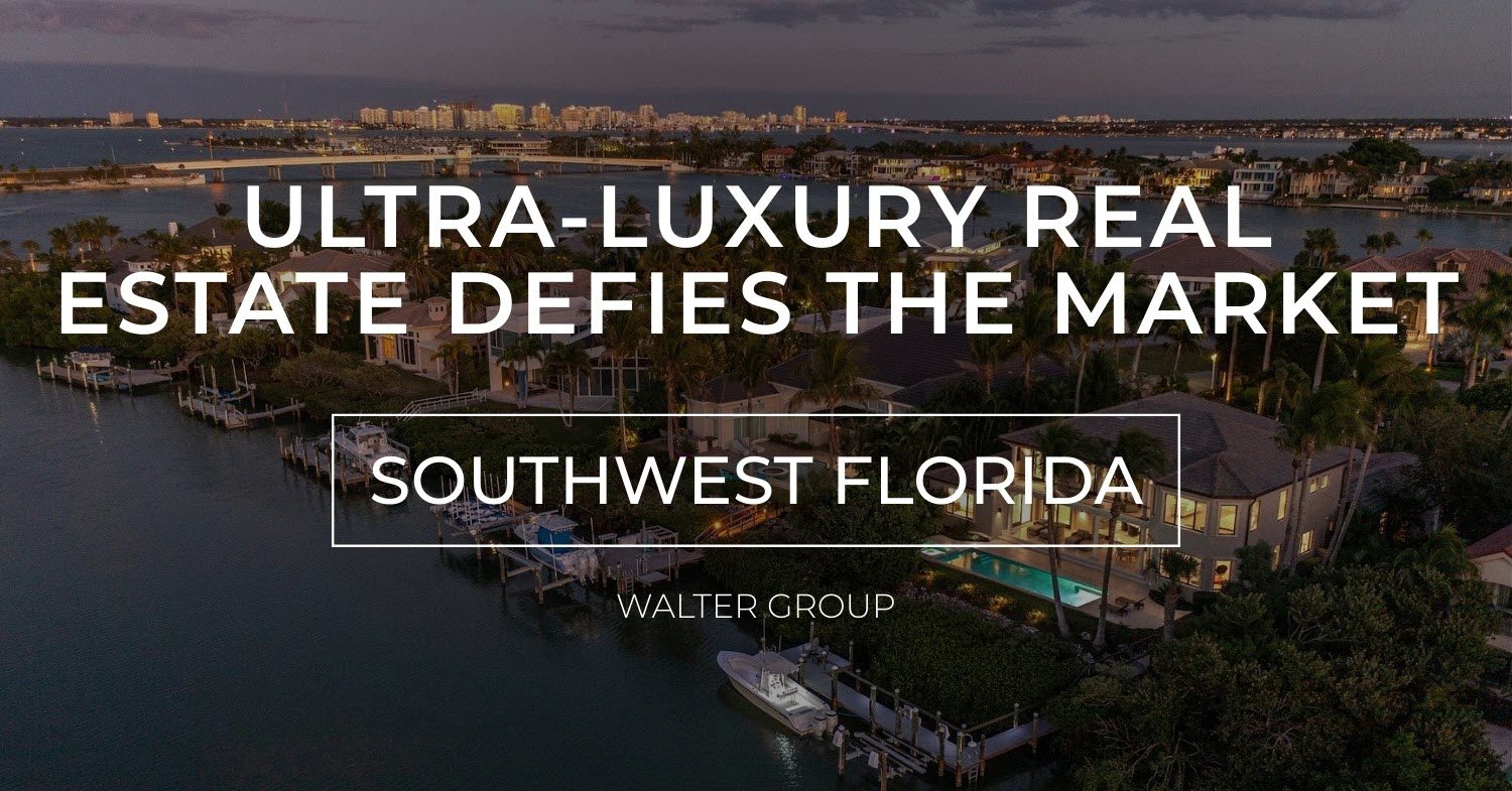 Aerial view of ultra-luxury waterfront homes and private docks in Southwest Florida at sunset, highlighting high-end real estate along the coast.