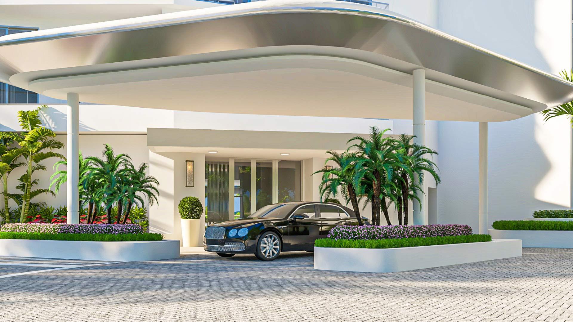 Private porte-cochère entrance at The Ritz-Carlton Residences Sarasota Bay featuring 24-hour concierge, valet service, and luxury residential arrival experience.