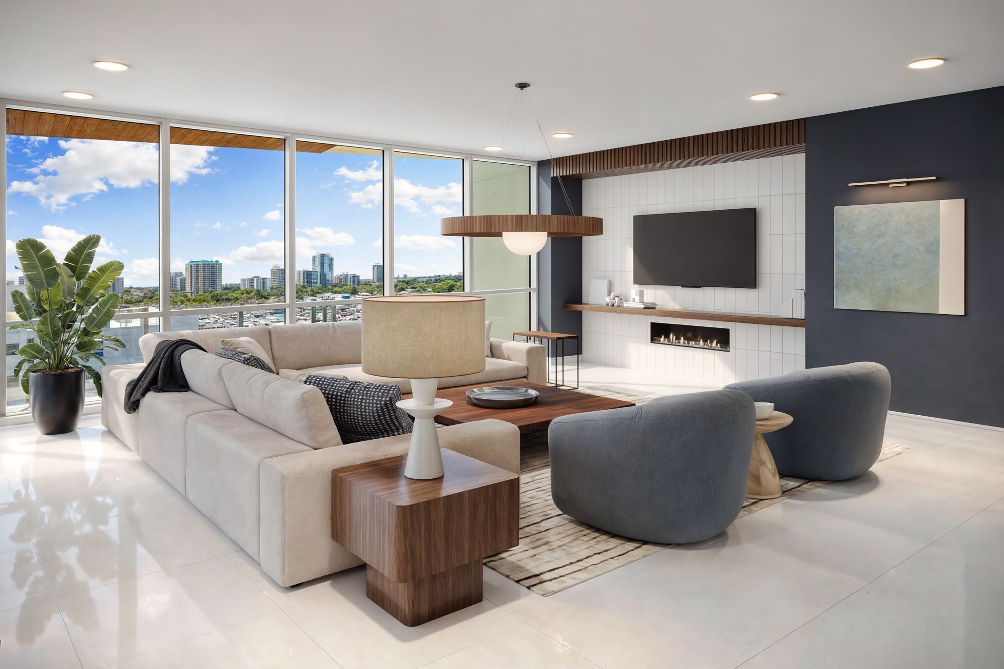 Sophisticated living space with modern fireplace, lounge seating, and expansive windows showcasing downtown Sarasota views