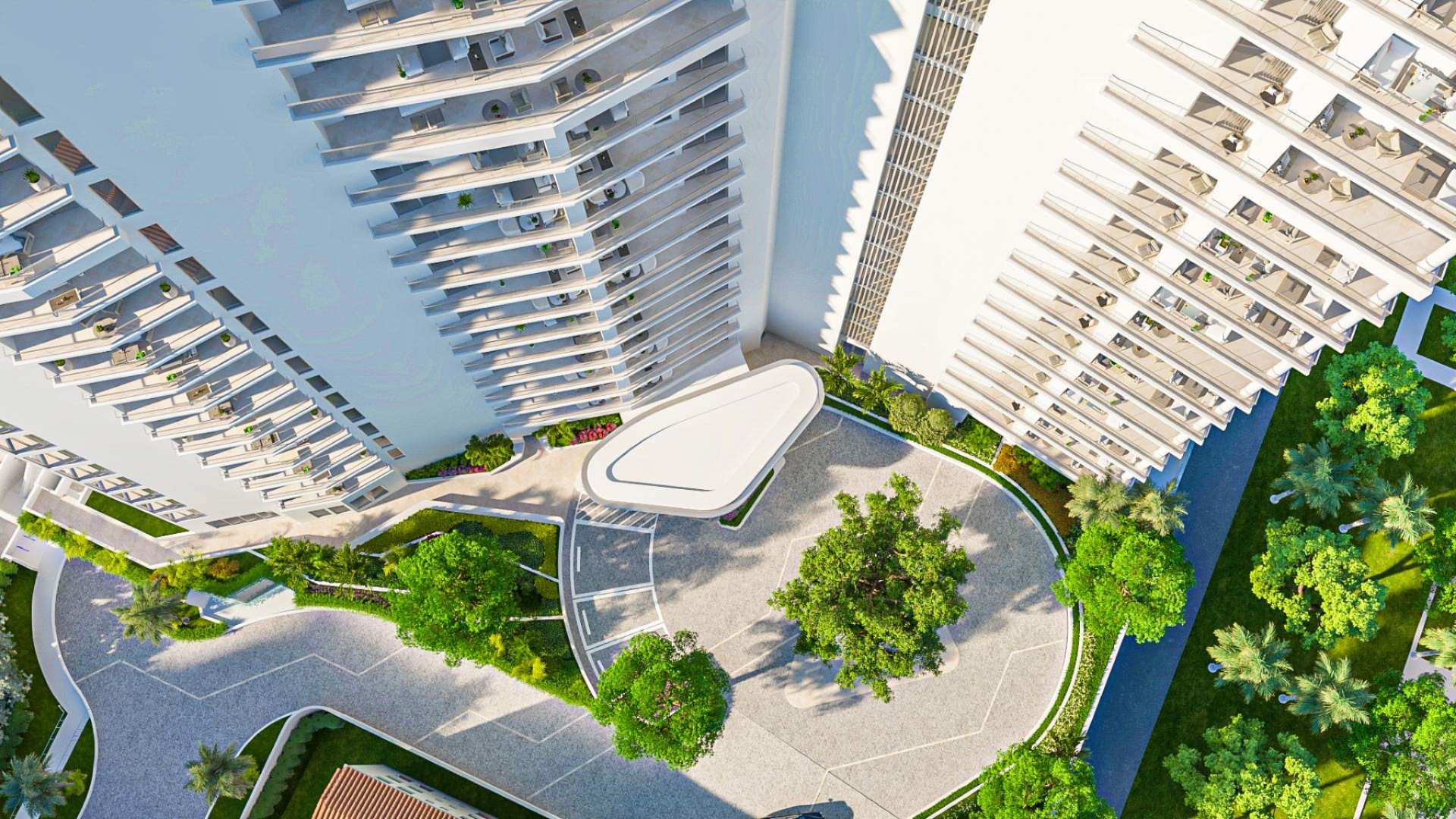 Aerial view of the private porte-cochère and landscaped arrival courtyard at The Ritz-Carlton Residences Sarasota Bay.
