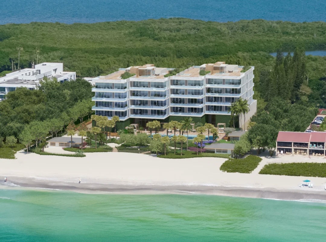 Aerial beachfront perspective of Sage Residences on Longboat Key showing boutique Gulf-front condominiums, landscaped pool deck, private beach access, and turquoise Gulf waters.