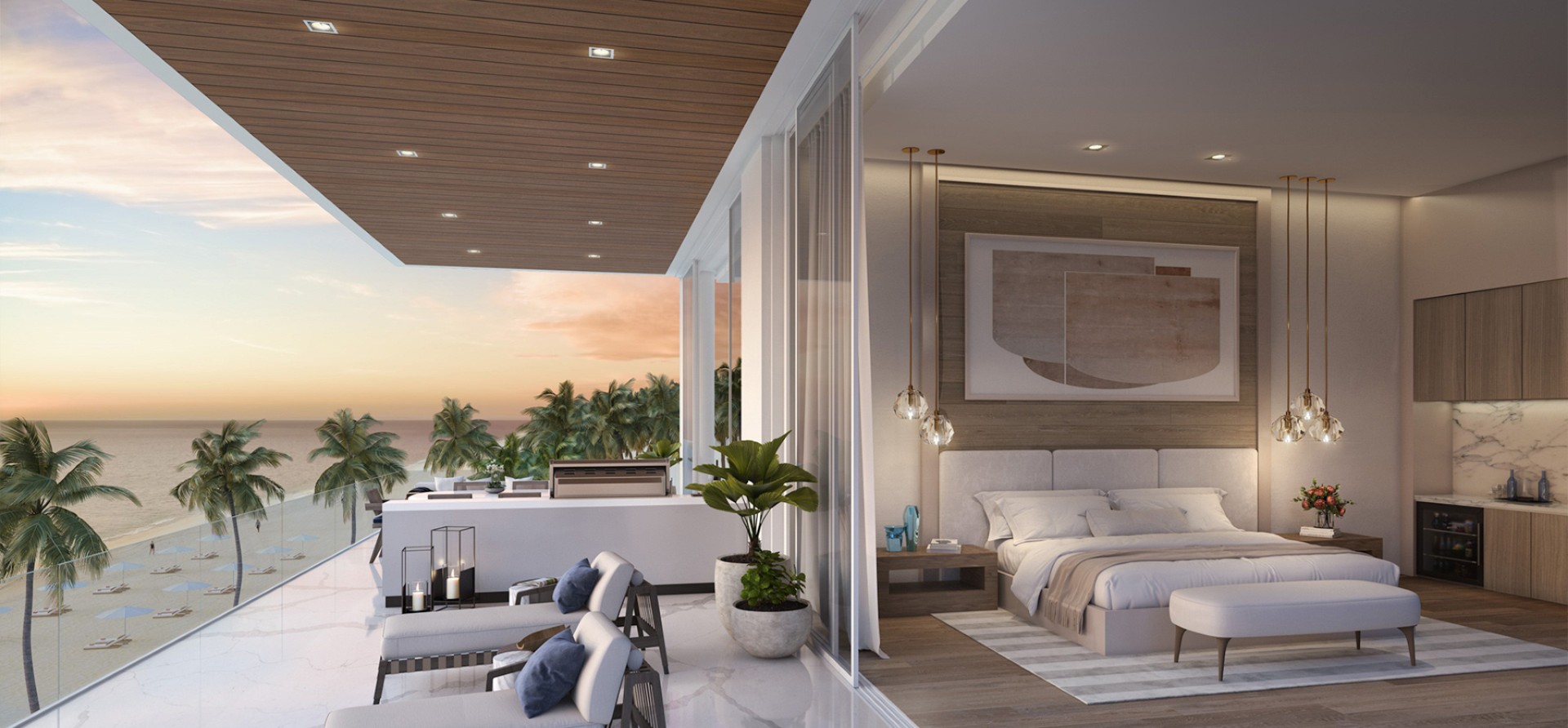 Contemporary bedroom at Sage Residences on Longboat Key with sliding glass walls opening to a Gulf-facing terrace, palm-lined beach views, and warm sunset lighting.