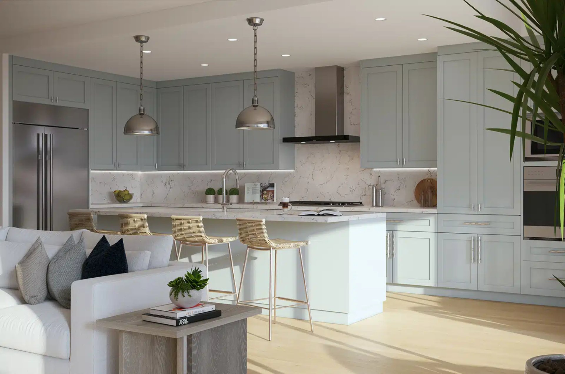 High-end kitchen at The Owen Sarasota with sleek cabinetry, quartz countertops, integrated appliances, and spacious island designed for entertaining.
