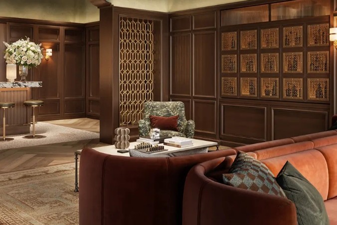 19th floor sky speakeasy at Mira Mar Residences Sarasota with rich wood interiors, intimate lounge seating, and a private upscale atmosphere.