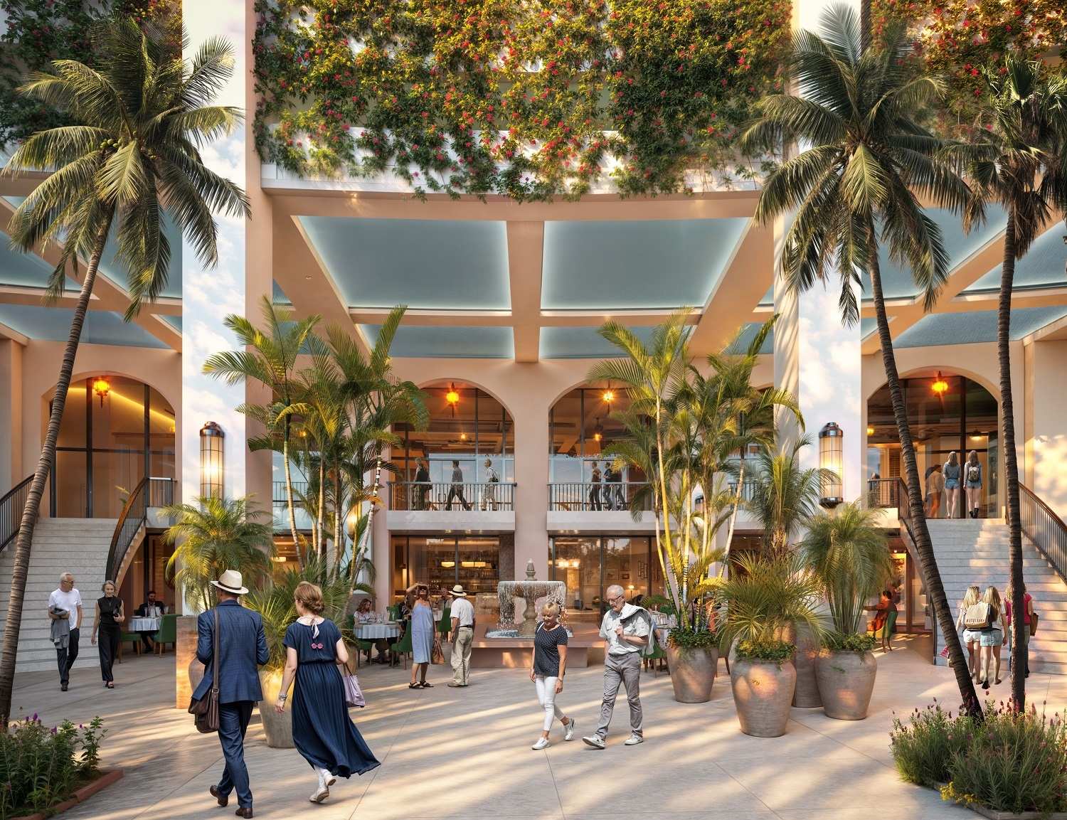 Courtyard at Mira Mar Residences Sarasota featuring landscaped greenery, palm trees, outdoor dining, boutique retail spaces, and residents enjoying a vibrant downtown atmosphere.