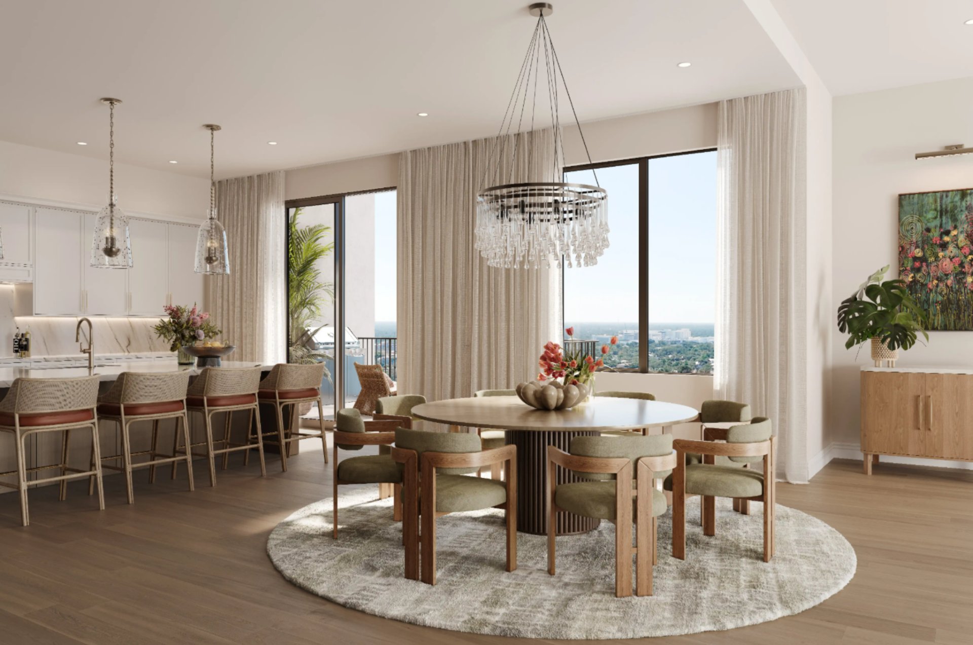 Open concept dining and living area at Mira Mar Residences Sarasota with floor-to-ceiling windows, chandelier lighting, and city views.
