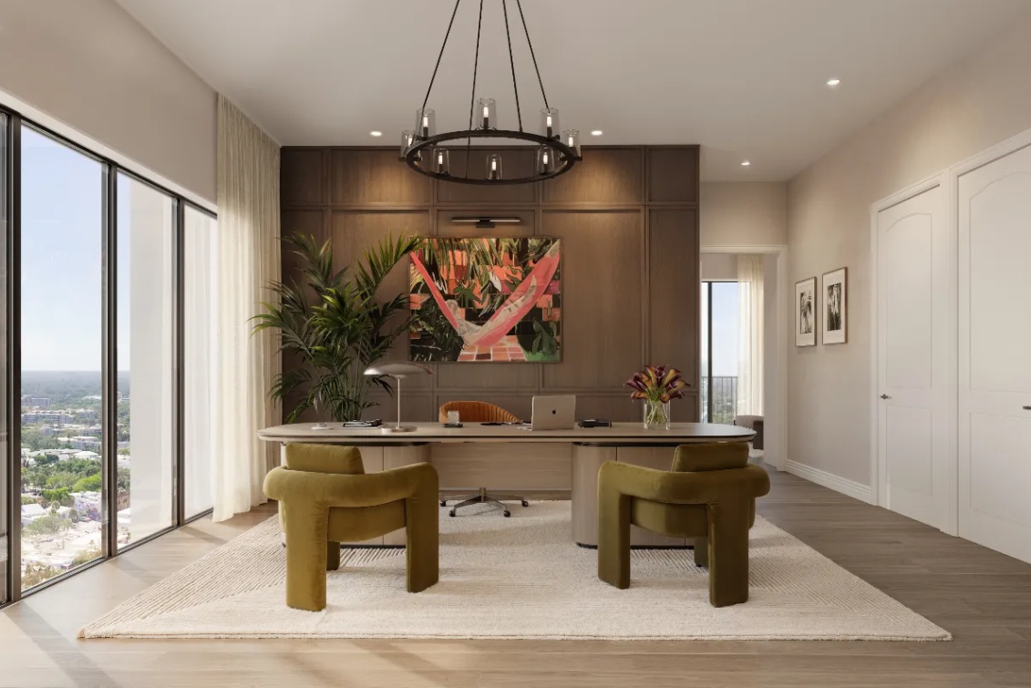 Private home office at Mira Mar Residences Sarasota with custom desk, modern lighting, and large windows overlooking the city.