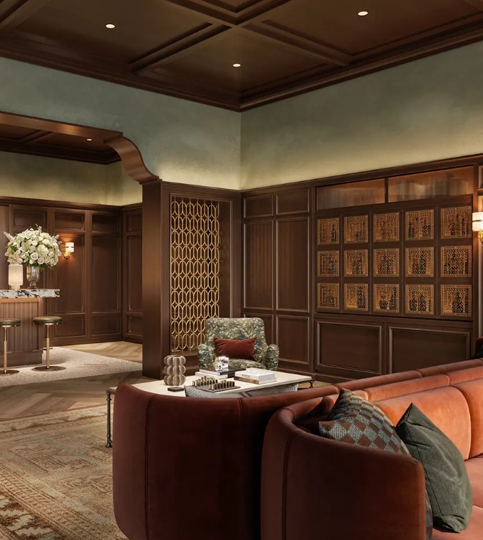 Sky speakeasy lounge at Mira Mar Residences Sarasota featuring rich wood finishes, intimate seating, and a private upscale ambiance.