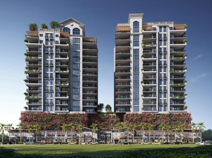 Rendering of Mira Mar Residences in downtown Sarasota featuring two modern luxury condominium towers with private balconies, landscaped podium, and street-level retail.