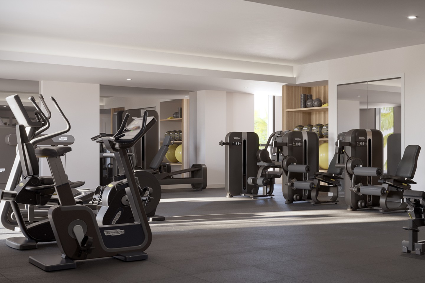 Modern fitness center at The Owen Sarasota featuring strength training equipment, cardio machines, and a clean, well-lit workout environment.