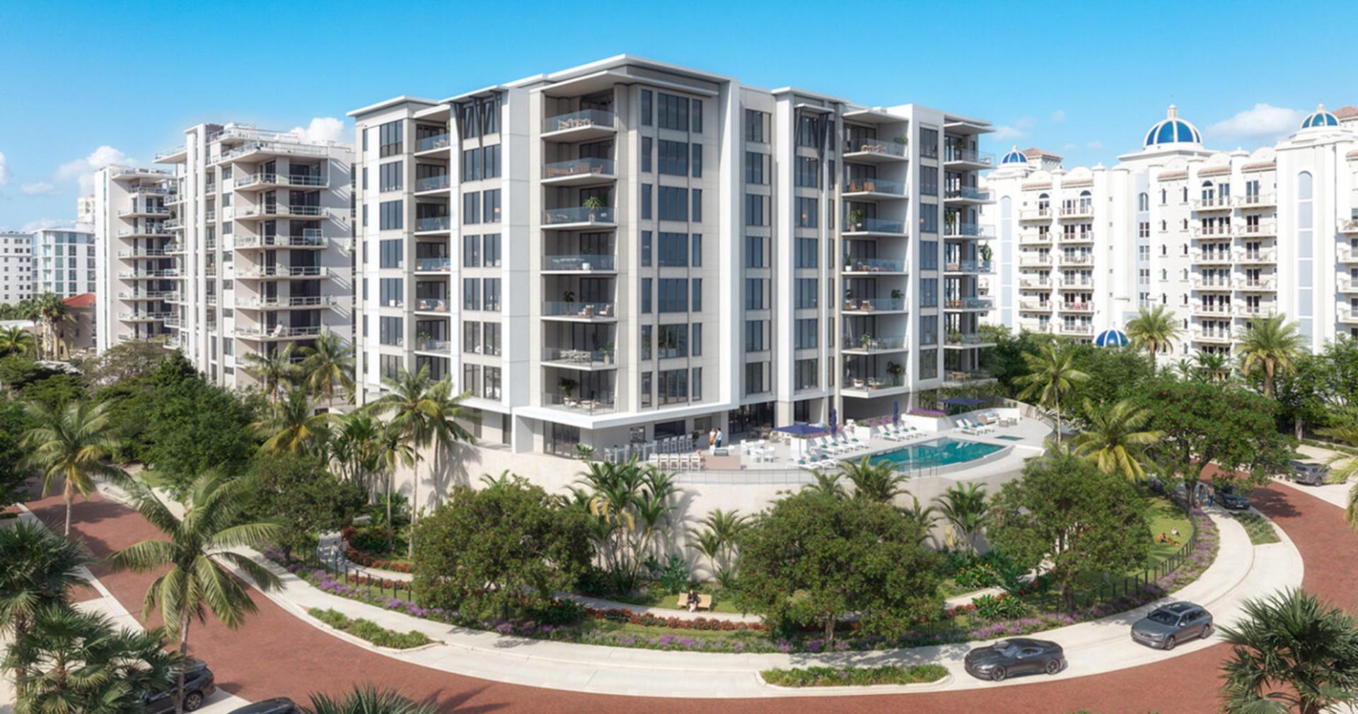 Exterior view of The Owen Sarasota showcasing modern architecture, private balconies, landscaped grounds, and resort-style amenities.