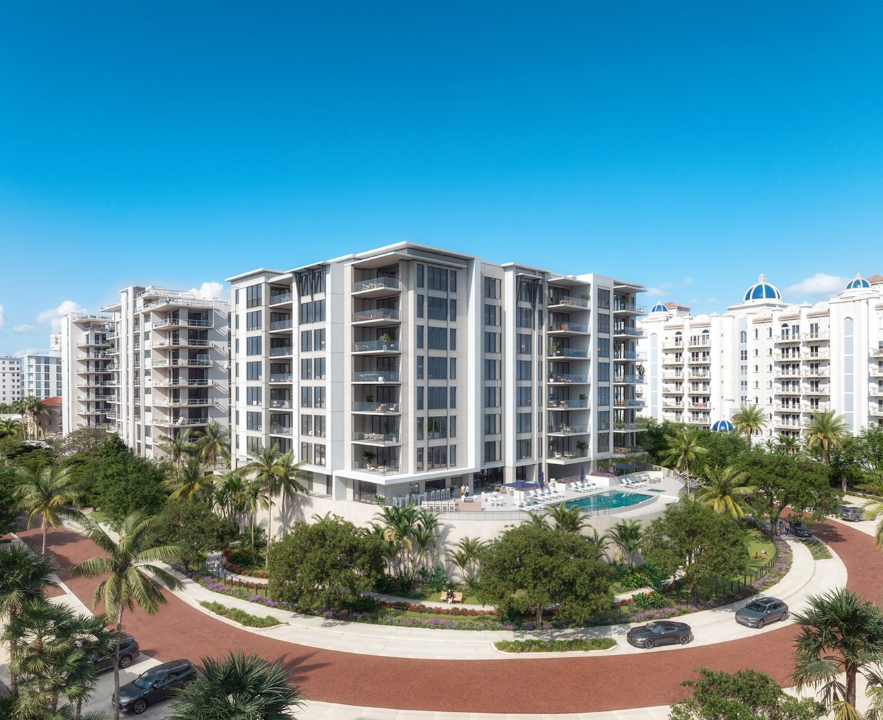 Exterior view of The Owen at Golden Gate Point featuring modern architecture, private balconies, and resort-style amenities.