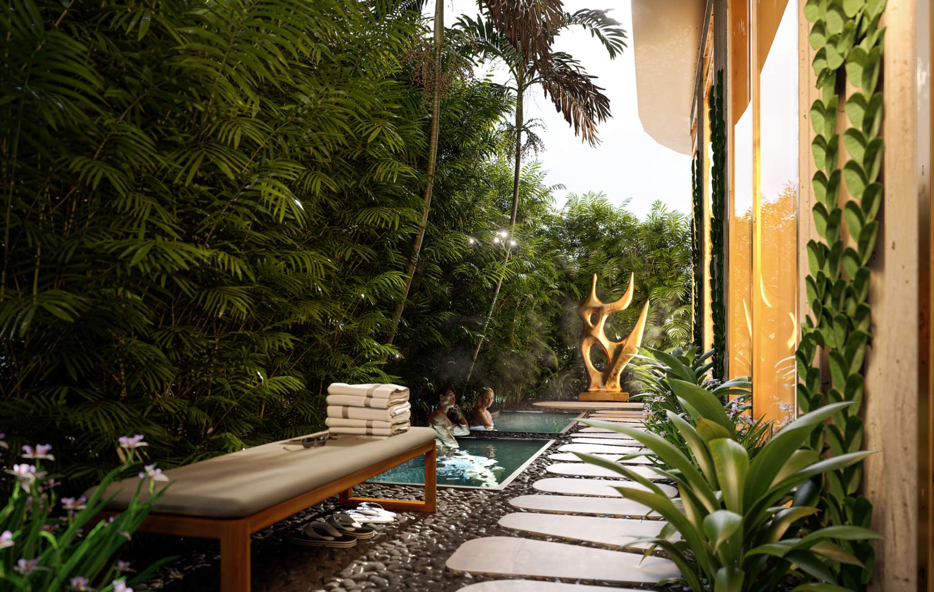 Spa-style wellness area at Waldorf Astoria Residences Sarasota with soaking pools, lush greenery, and tranquil outdoor design for relaxation and rejuvenation