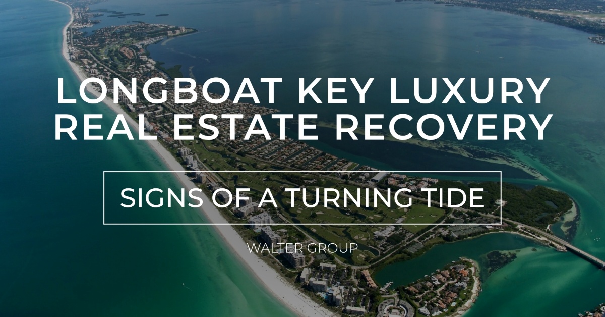 Aerial view of Longboat Key waterfront communities and beaches with overlay text reading “Longboat Key Luxury Real Estate Recovery” and “Signs of a Turning Tide,” highlighting renewed momentum in the Longboat Key luxury housing market.
