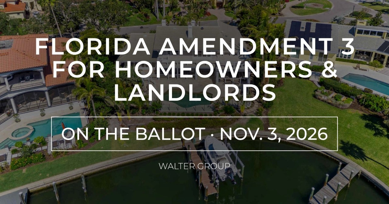 Aerial view of a waterfront Florida home with pool and boat dock, overlaid with text reading "Florida Amendment 3 for Homeowners & Landlords, On the Ballot – Nov. 3, 2026," Walter Group.