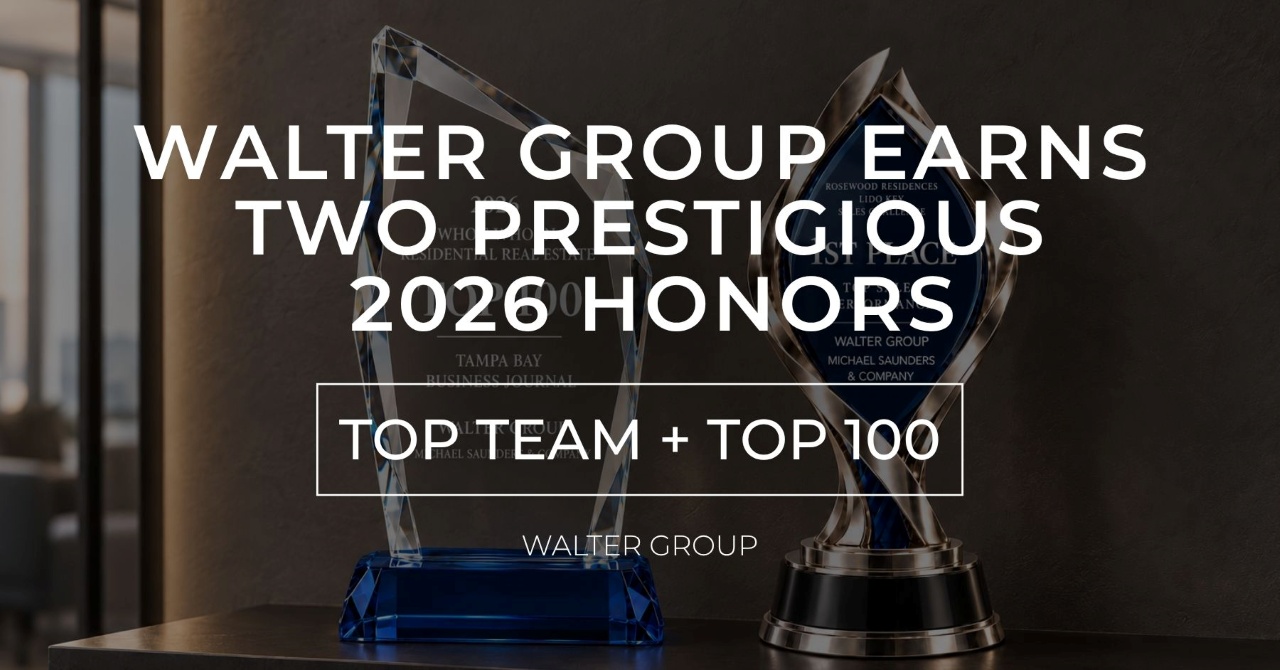 Two Walter Group awards recognizing the team’s first-place finish in the Rosewood Residences Lido Key Sales Challenge and inclusion in the Tampa Bay Business Journal’s Top 100.