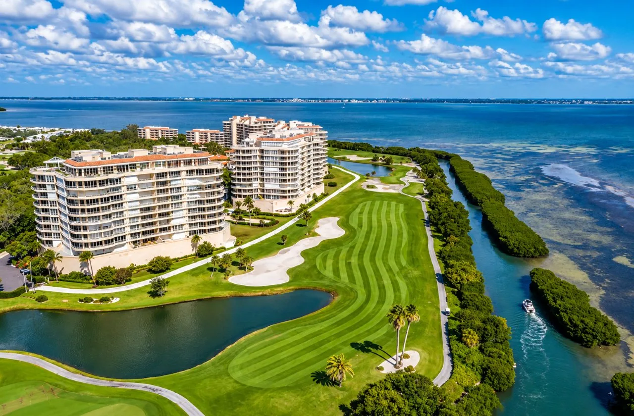 Aerial view of Grand Bay Longboat Key residences along the Harbourside golf course, with mangrove-lined waterways and Sarasota Bay beyond.