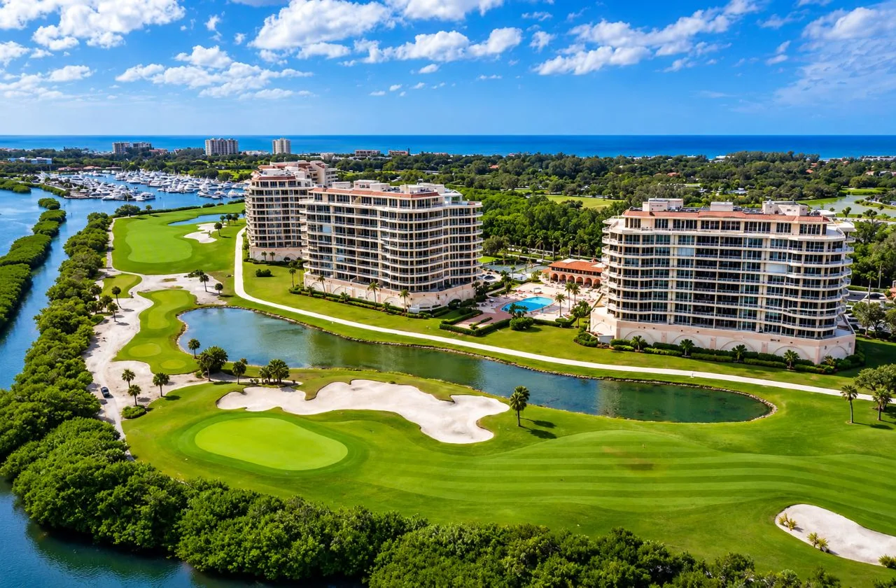 Aerial view of Grand Bay Longboat Key residences overlooking the Harbourside golf course, lagoons, marina, and Gulf of Mexico.