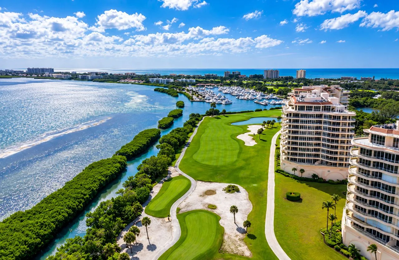 Aerial view of Grand Bay Longboat Key residences overlooking the Harbourside golf course, Sarasota Bay, and nearby marina.